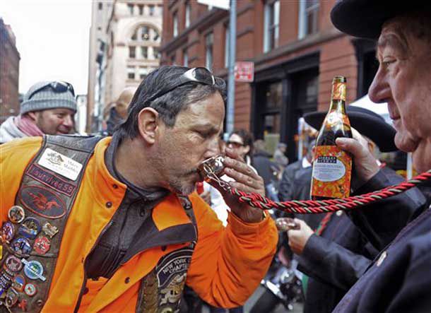 A member of the New York City chapter of the Harley Owners Group (HOG) samples the George Duboeuf 2008 Beaujolais Nouveau.